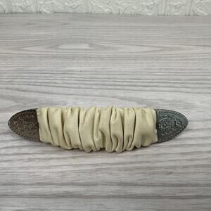 Vtg 90's French Barrette White Faux Leather Ruched Center Metal Edge Hair Clip